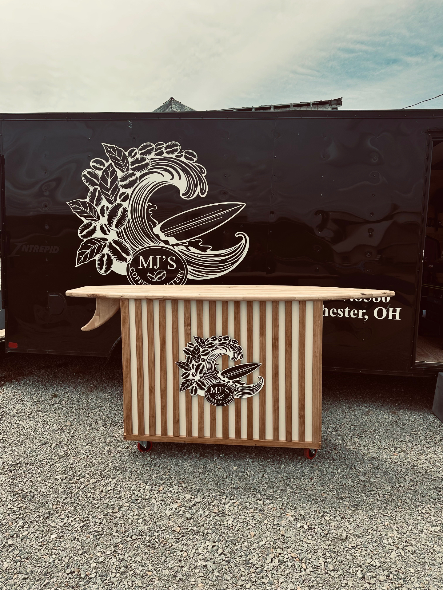 MJ's surfboard bar set up at an event